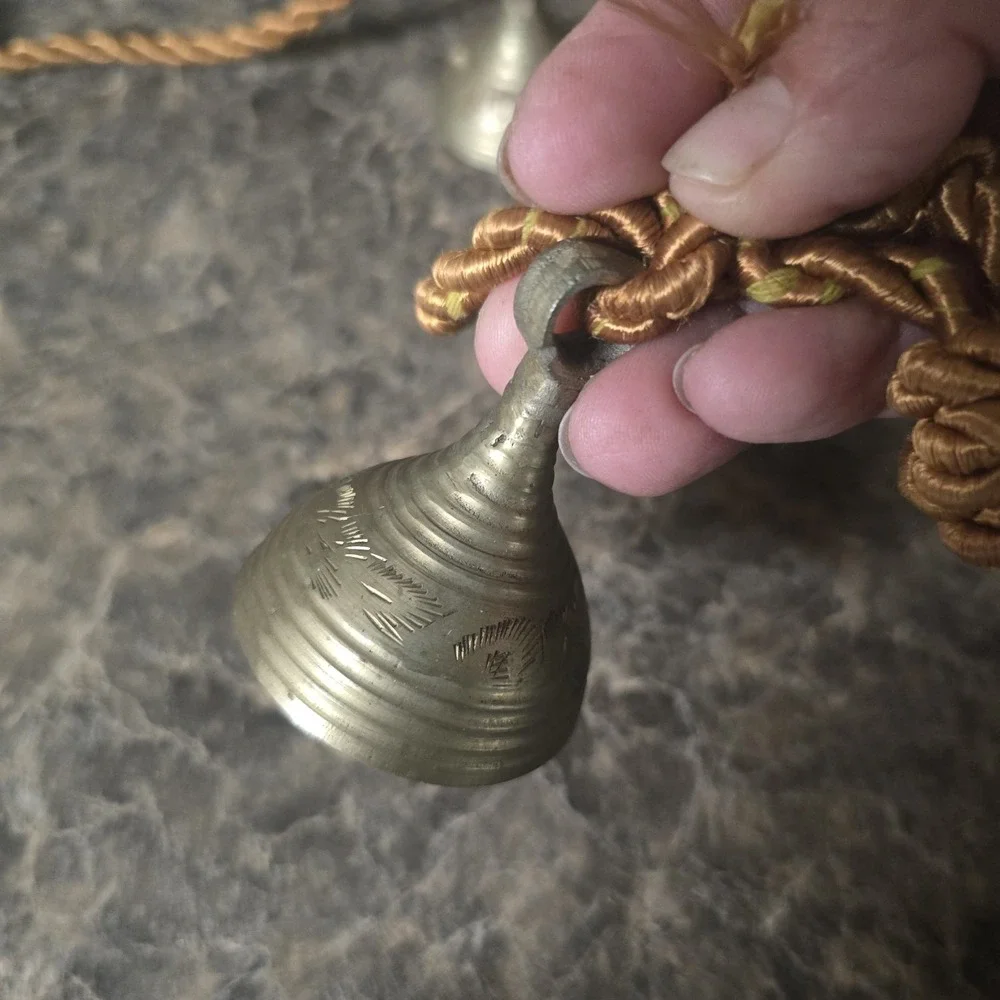 Vintage Brass Hanging Temple Bells Set of 3 on Decorative Cord India Boho Decor